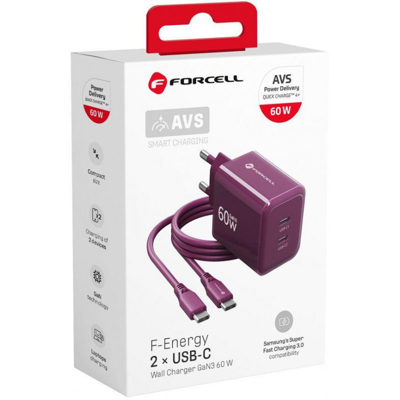 Forcell F-Energy GaN III VT-60 60W PD QC 4.0+ alimentatore 2x USB-C color bordeaux + cavo USB-C