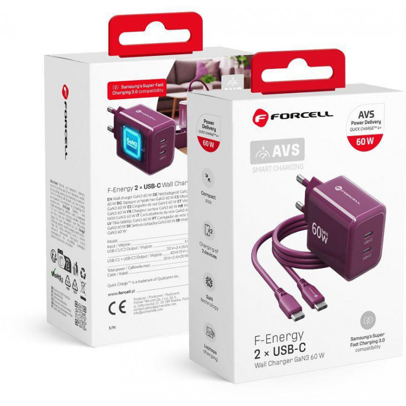 Forcell F-Energy GaN III VT-60 60W PD QC 4.0+ alimentatore 2x USB-C color bordeaux + cavo USB-C