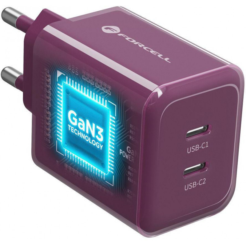 Forcell F-Energy GaN III VT-60 60W PD QC 4.0+ alimentatore 2x USB-C color bordeaux + cavo USB-C