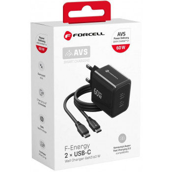 Forcell F-Energy GaN III VT-60 60W PD QC 4.0+ alimentatore 2x USB-C nero + cavo USB-C
