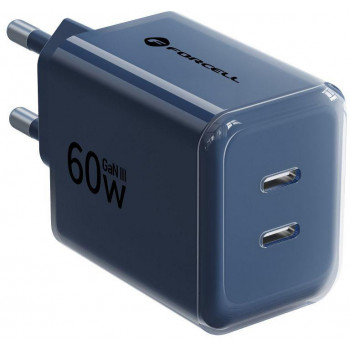 Forcell F-Energy GaN III VT-60 60W PD QC 4.0+ alimentatore 2x USB-C blu navy + cavo USB-C