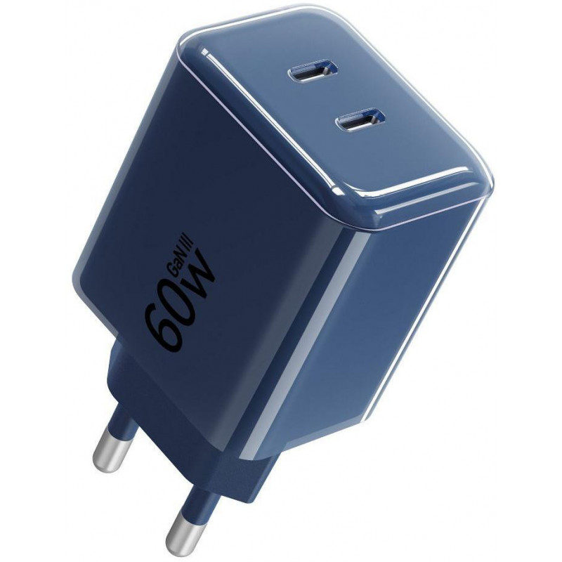 Forcell F-Energy GaN III VT-60 60W PD QC 4.0+ alimentatore 2x USB-C blu navy + cavo USB-C