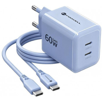 Forcell F-Energy GaN III VT-60 60W PD QC 4.0+ alimentatore 2x USB-C blu + cavo USB-C