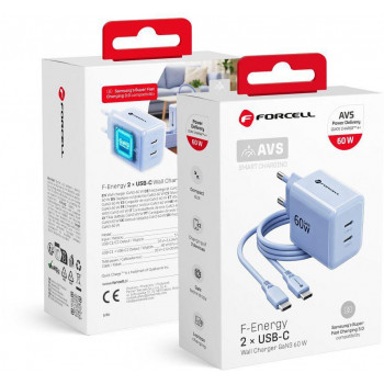 Forcell F-Energy GaN III VT-60 60W PD QC 4.0+ alimentatore 2x USB-C blu + cavo USB-C