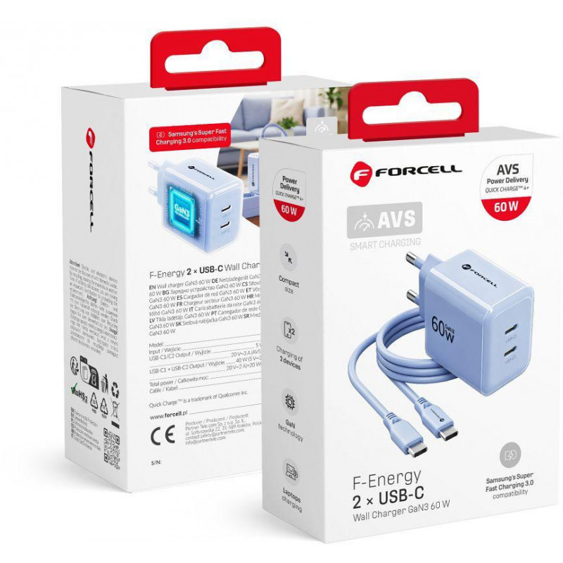 Forcell F-Energy GaN III VT-60 60W PD QC 4.0+ alimentatore 2x USB-C blu + cavo USB-C