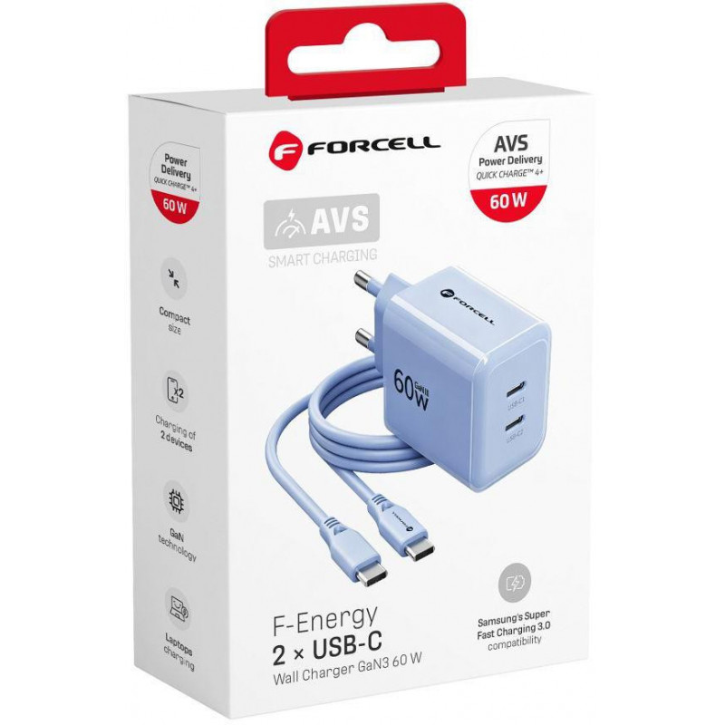 Forcell F-Energy GaN III VT-60 60W PD QC 4.0+ alimentatore 2x USB-C blu + cavo USB-C