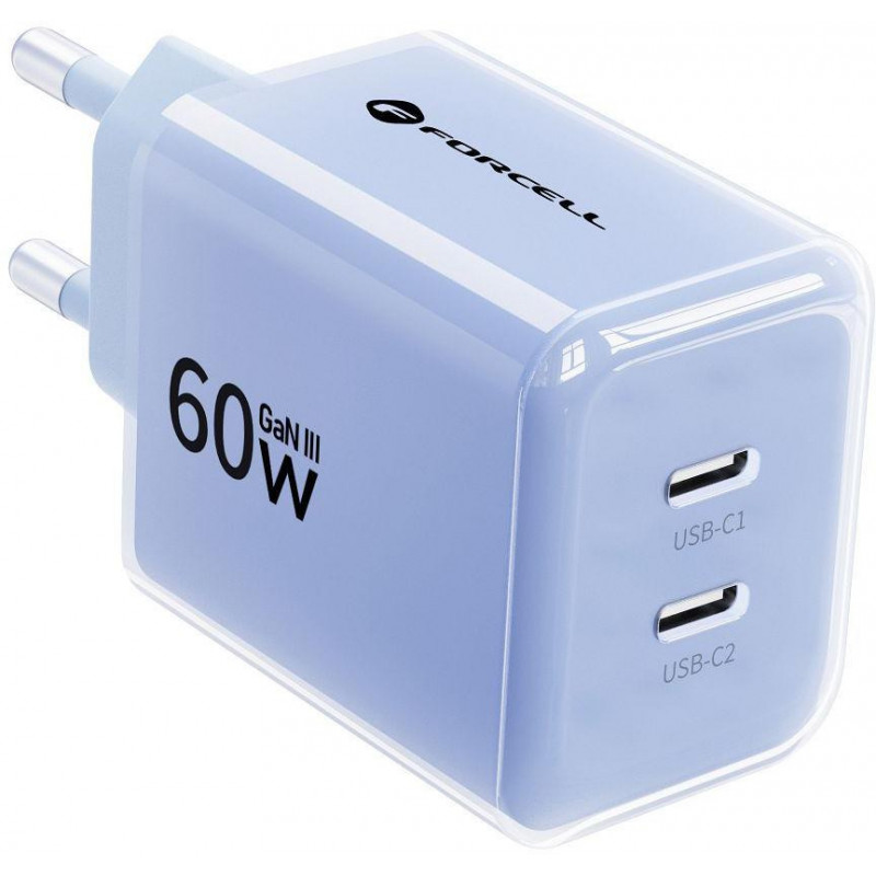Forcell F-Energy GaN III VT-60 60W PD QC 4.0+ alimentatore 2x USB-C blu + cavo USB-C