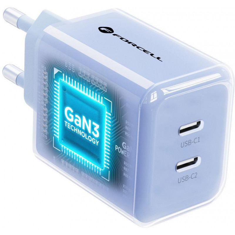 Forcell F-Energy GaN III VT-60 60W PD QC 4.0+ alimentatore 2x USB-C blu + cavo USB-C