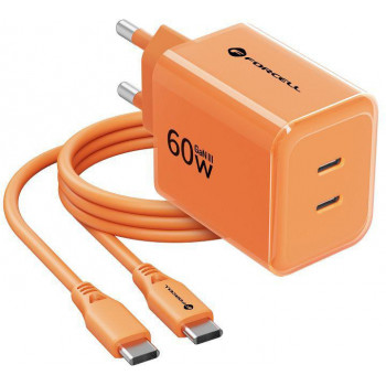 Forcell F-Energy GaN III VT-60 60W PD QC 4.0+ alimentatore 2x USB-C arancione + cavo USB-C