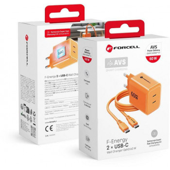 Forcell F-Energy GaN III VT-60 60W PD QC 4.0+ alimentatore 2x USB-C arancione + cavo USB-C