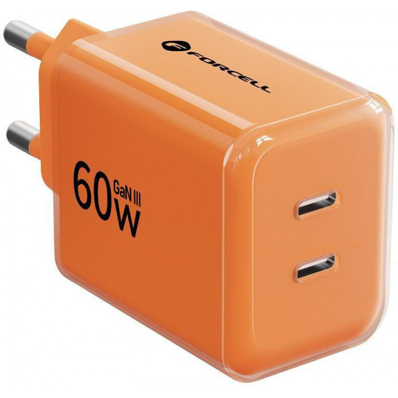 Forcell F-Energy GaN III VT-60 60W PD QC 4.0+ alimentatore 2x USB-C arancione + cavo USB-C