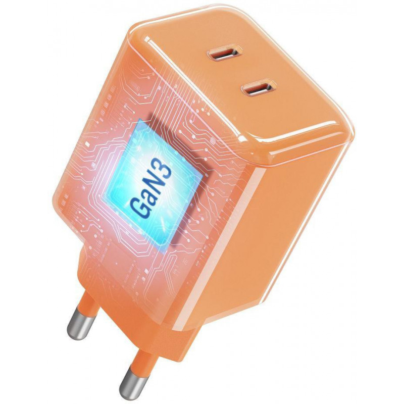 Forcell F-Energy GaN III VT-60 60W PD QC 4.0+ alimentatore 2x USB-C arancione + cavo USB-C