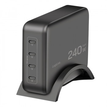 Logilink caricabatterie da scrivania USB-C, 240 W, GaN, 4 porte, 4x USB-C (PD), nero