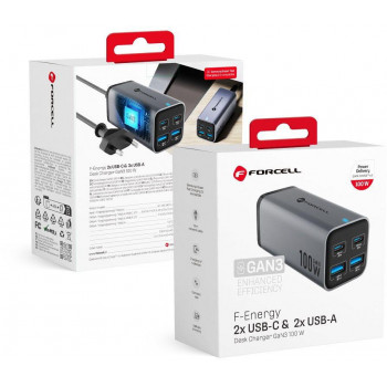 Forcell F-Energy GaN III VT-49 caricabatterie da tavolo, 2x USB-C + 2x USB-A, PD, QC 4.0, 100 W, grigio