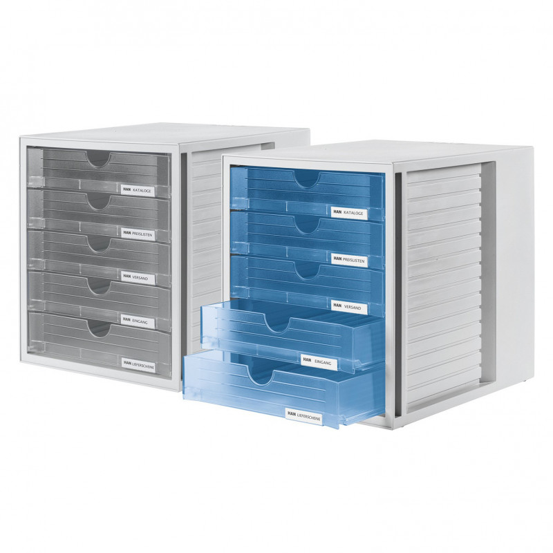 HAN 1450-64 scatola con cassetti DIN A4, 5 cassetti chiusi, blu traslucido/grigio chiaro, 27,5 x 33 x 32 cm