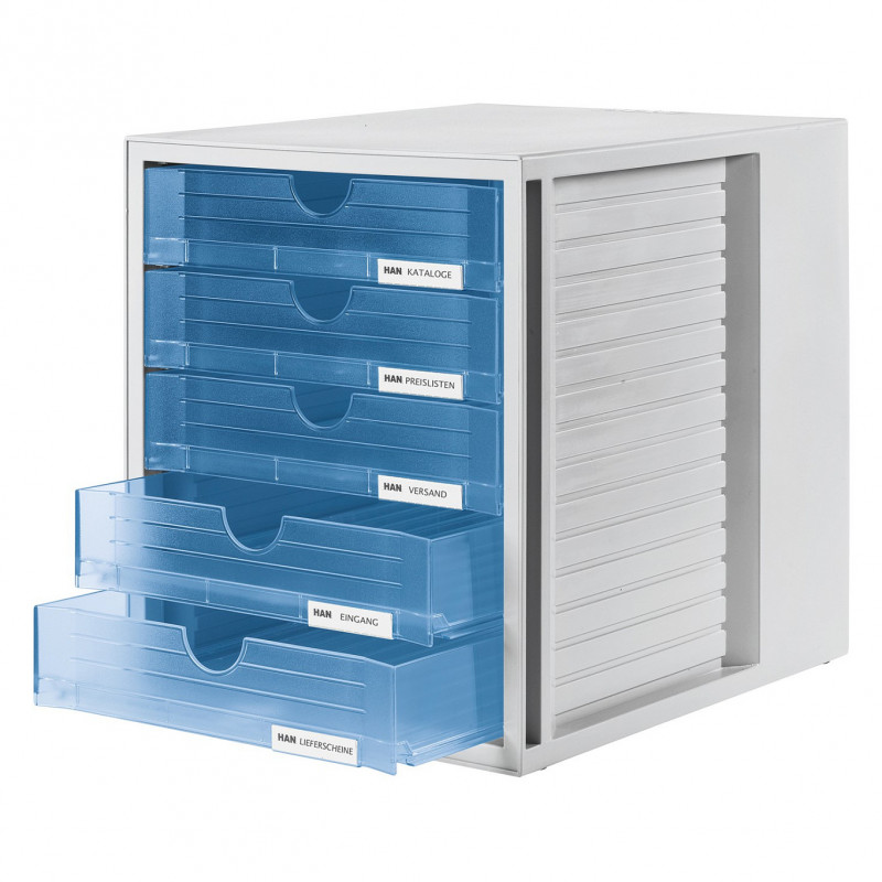 HAN 1450-64 scatola con cassetti DIN A4, 5 cassetti chiusi, blu traslucido/grigio chiaro, 27,5 x 33 x 32 cm