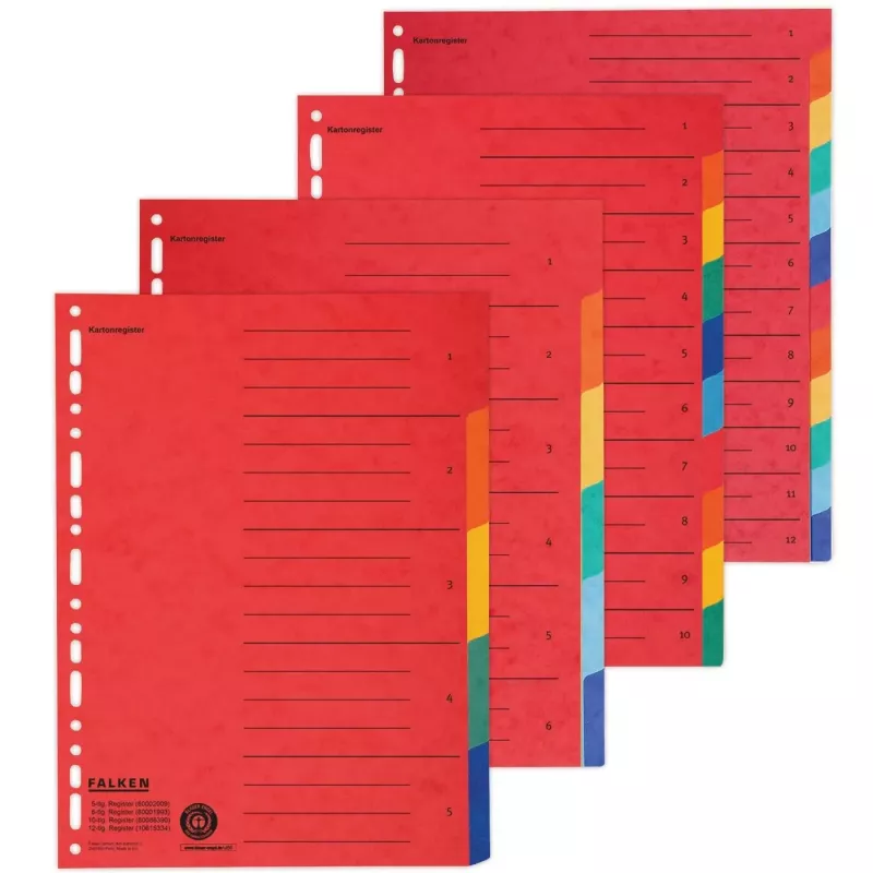 FALKEN fogli divisori DIN A4, formato intero, bianchi, colorati, 12 parti