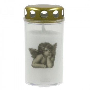 candela da cimitero con coperchio 5,6x11,5cm, durata di combustione ~40h, bianco con stampa angelo