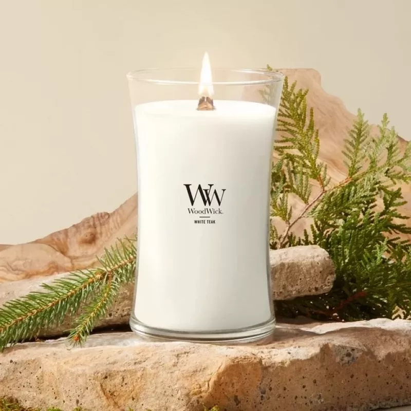 WoodWick White Teak candela, grande, 610 g