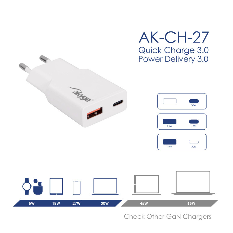 Caricabatterie da parete Akyga AK-CH-27 30W USB-C USB-A PD GaN 5-20V / 1.5-3A bianco