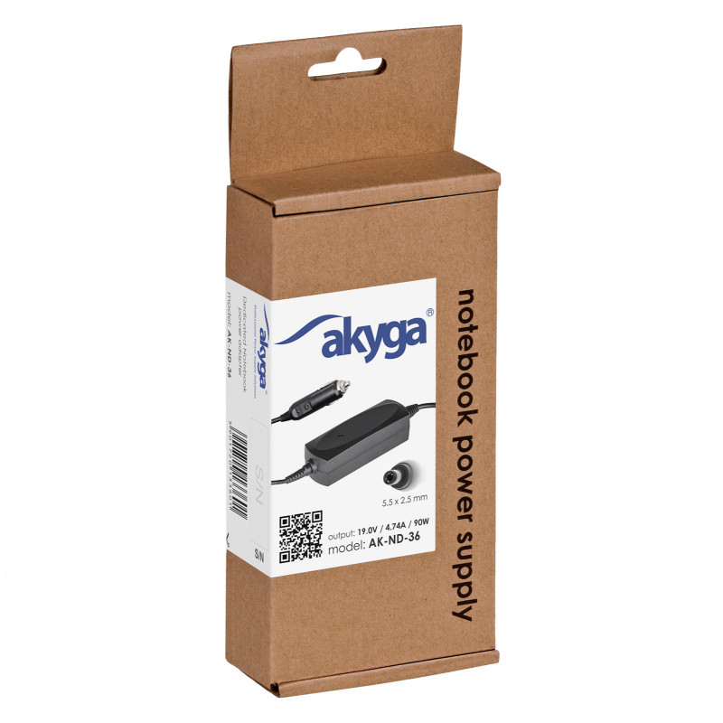 Akyga AK-ND-36 alimentatore per notebook da auto 19 V / 4,74 A, 90 W, 5,5 x 2,5 mm, per ASUS / Toshiba