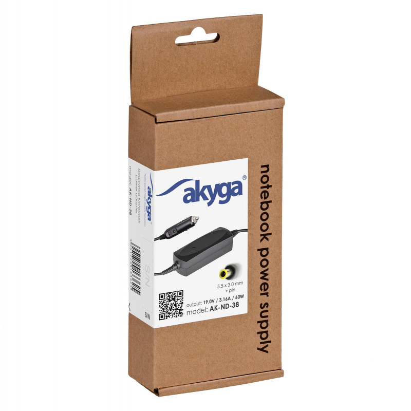 Akyga AK-ND-38 alimentatore da auto per notebook 19 V / 3,16 A, 60 W, 5,5 x 3,0 mm + pin, per Samsung