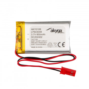 Akyga AKY0108 batteria ricaricabile Li-Po LP603048 3,7 V 850 mAh con PCM, connettore JST 2,54 mm 2 pin, cavo 150 mm