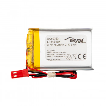 Akyga AKY0383 LP443450 batteria ricaricabile Li-Po 3,7 V 750 mAh con PCM, connettore maschio JST 2,54 mm 2 pin, cavo 150 mm