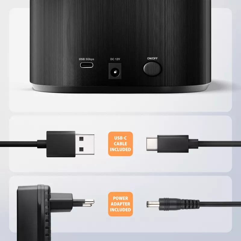 Axagon ADSA-SC docking station per dischi SATA da 2,5/3,5 pollici, USB-C 5 Gbps, con funzione di clonazione