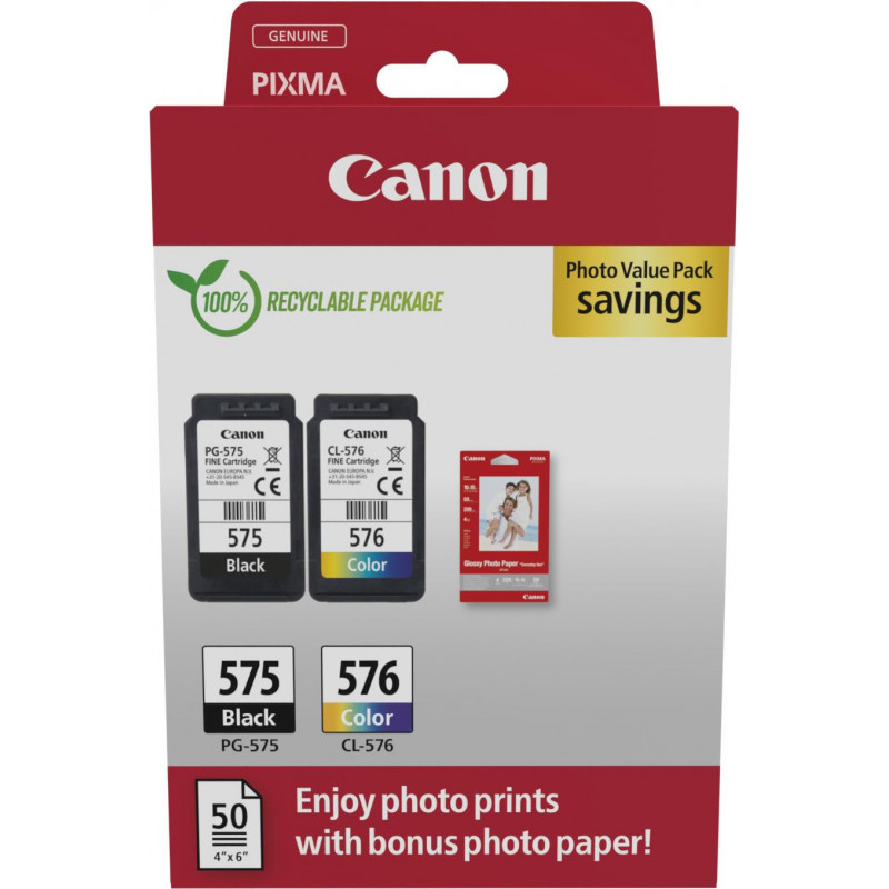 Canon PG-575/CL-576 Photo Value Pack, cartucce d'inchiostro nero + colore (2 pz.) con carta fotografica
