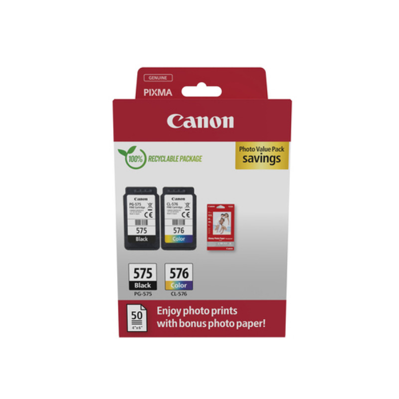 Canon PG-575/CL-576 Photo Value Pack, cartucce d'inchiostro nero + colore (2 pz.) con carta fotografica