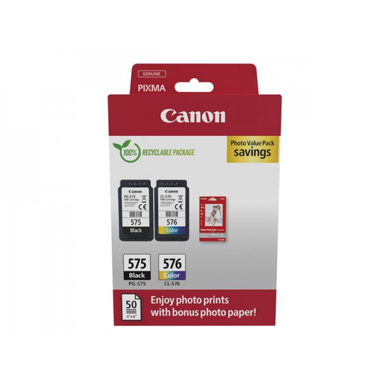 Canon PG-575/CL-576 Photo Value Pack, cartucce d'inchiostro nero + colore (2 pz.) con carta fotografica