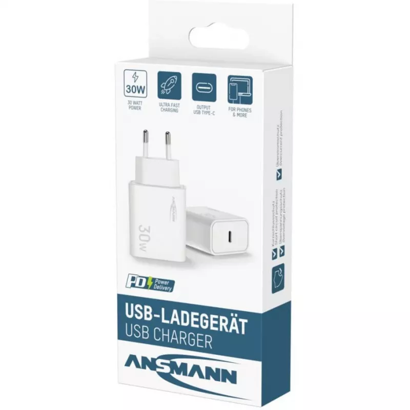 Ansmann Home Charger HC130PD caricabatterie USB, 1x USB-C, PPS, PD, Quick Charge, 30 W, bianco