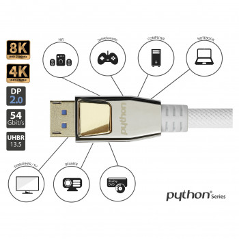 Good Connections Python DP20-PY010W cavo DisplayPort 2.0, 54 Gbit/s, UHBR 13.5, treccia in nylon, bianco, 1 m