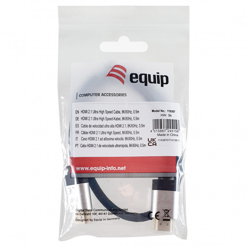 Equip 119387 cavo HDMI 2.1 Ultra High Speed con Ethernet, 48 Gbps, 8K/60 Hz, nero, 0,5 m