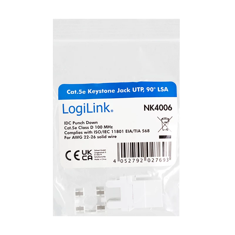 LogiLink NK4006 modulo keystone RJ45, Cat.5e UTP, terminazione a perforazione 90°, bianco