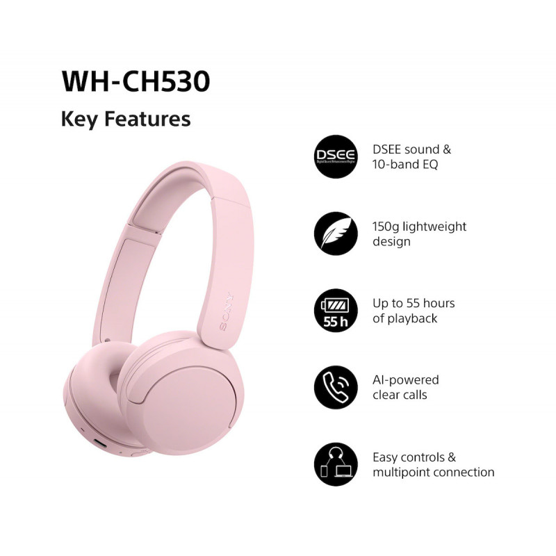 Sony WH-CH530 cuffie Bluetooth on-ear con microfono, riduzione del rumore, rosa