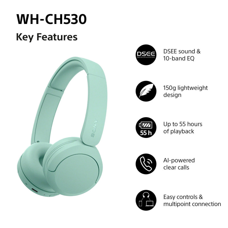 Sony WH-CH530 cuffie Bluetooth wireless, menta