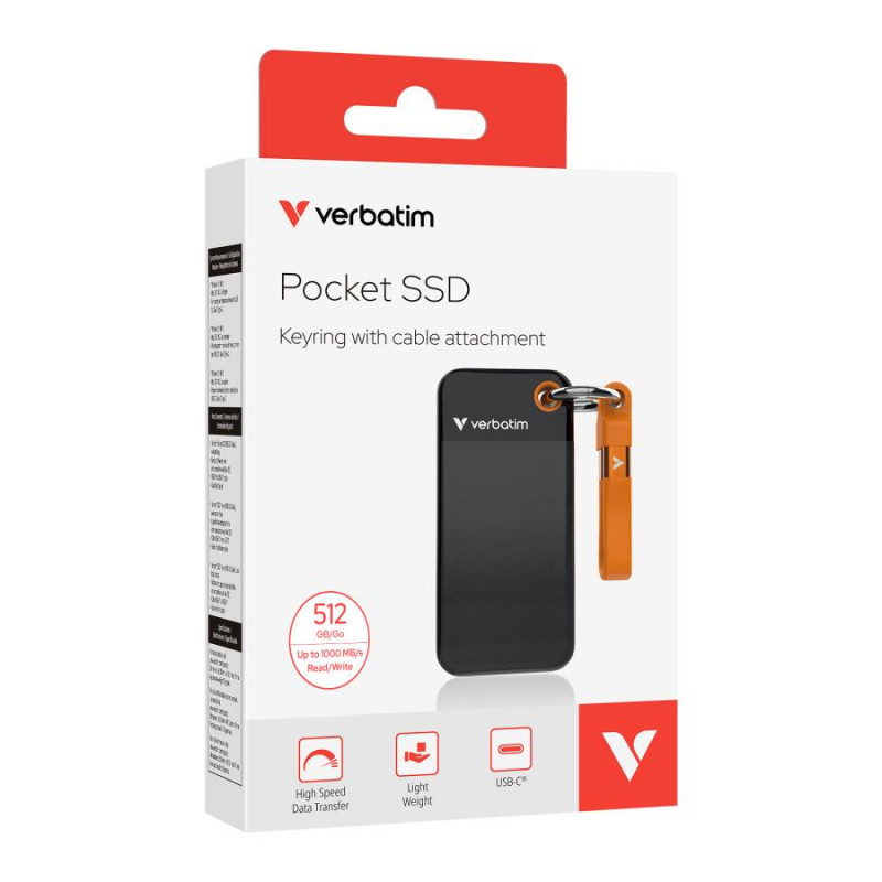 SSD portatile Verbatim Pocket 32285, 512 GB, USB 3.2 Type-C, nero/arancione