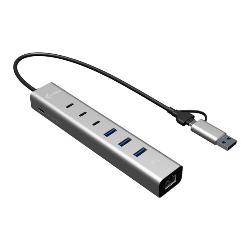i-tec CAHUBMETAL6LANPD hub USB-C/USB-A in metallo, 6 porte, Gigabit LAN, Power Delivery 85 W, argento