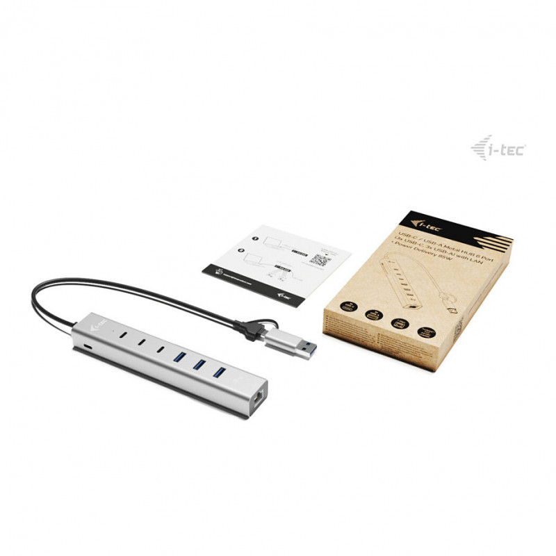 i-tec CAHUBMETAL6LANPD hub USB-C/USB-A in metallo, 6 porte, Gigabit LAN, Power Delivery 85 W, argento