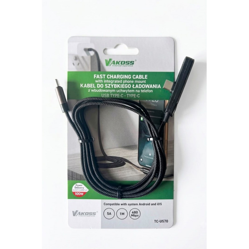 Vakoss TC-U570 cavo da USB-C a USB-C con funzione supporto, 100 W, 1 m, nero
