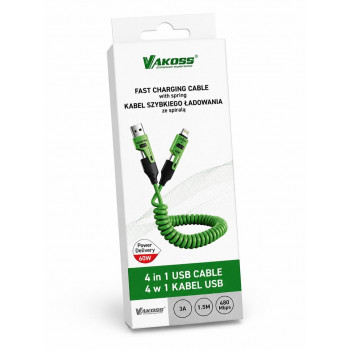 Vakoss MLU680G cavo 4 in 1, 1,5 m, 60 W, 3 A, QC/PD, verde
