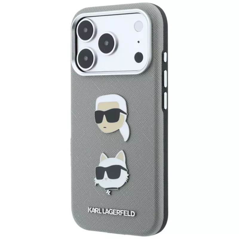 Karl Lagerfeld KF003253 custodia Saffiano con Karl & Choupette Heads Pins e logo per iPhone 18 Pro / 17 Pro, grigia