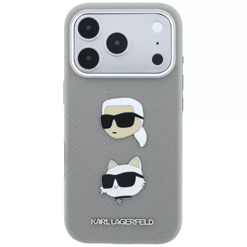 Karl Lagerfeld KF003253 custodia Saffiano con Karl & Choupette Heads Pins e logo per iPhone 18 Pro / 17 Pro, grigia