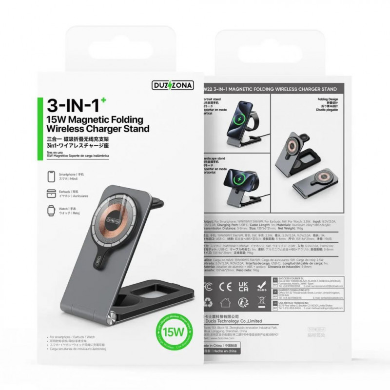 Duzzona W22 caricatore wireless magnetico 3 in 1, grigio