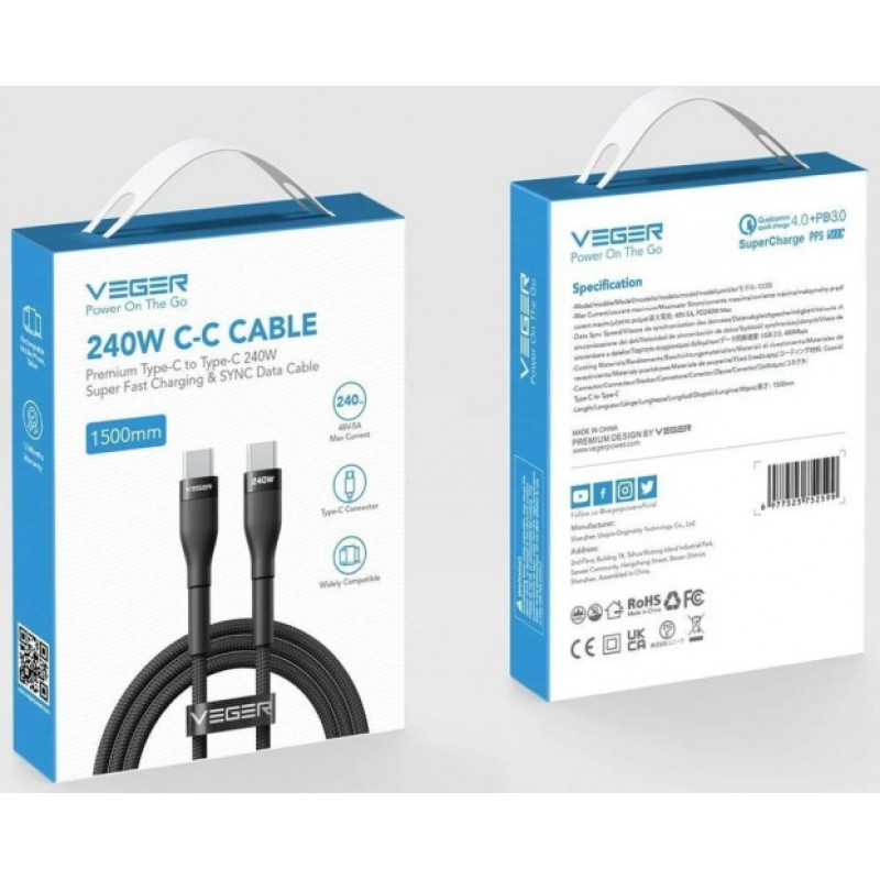 Veger CC03 cavo USB-C a USB-C, PD 48 V 5 A 240 W, 1,5 m, nero