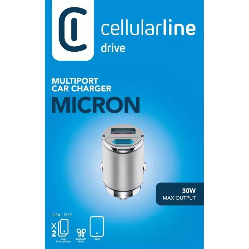 Cellularline Micron caricabatterie da auto 30 W, multiporta USB-C/USB-A