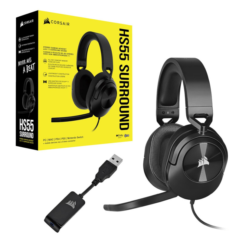 Corsair HS55 Surround CA-9011260-AP cuffie da gaming cablate con microfono, Dolby Audio 7.1, nero carbonio