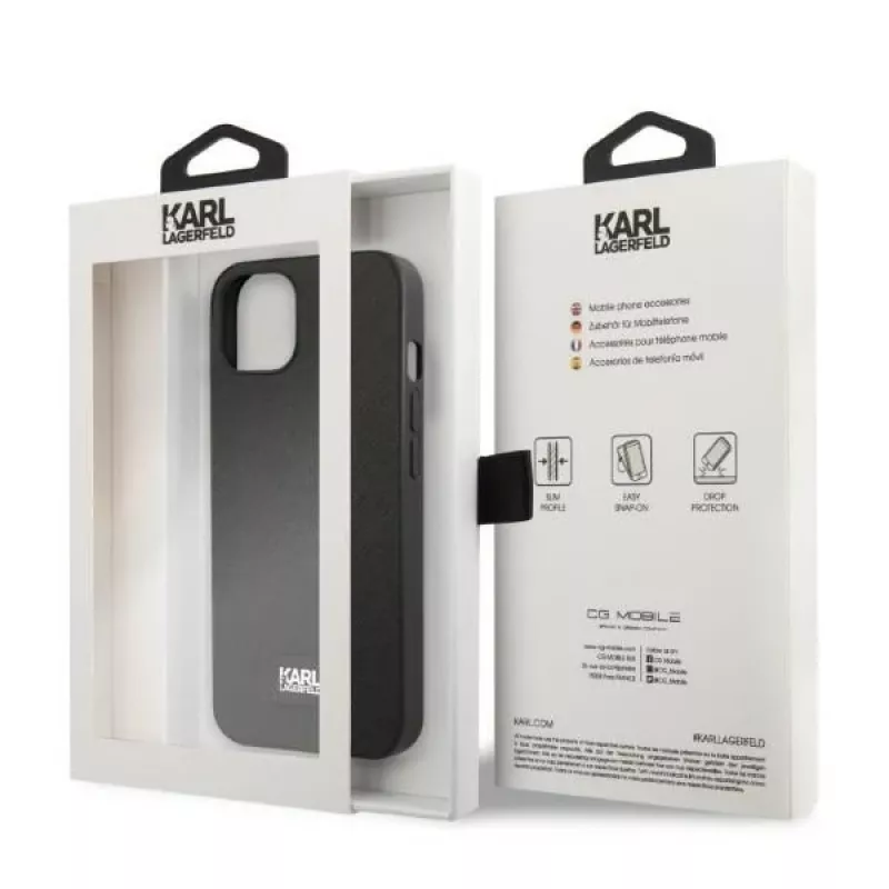 Karl Lagerfeld KLHCP13MSFMP2K custodia rigida per iPhone 13 / 14 / 15, Saffiano Plaque, nera